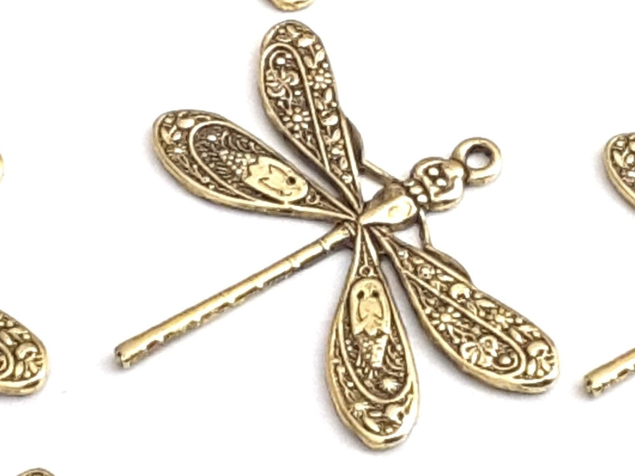 Large Gold Dragonfly Charm, 1 Loop, 24 Kt Gold Plated Brass, Lot Size 10, #04G