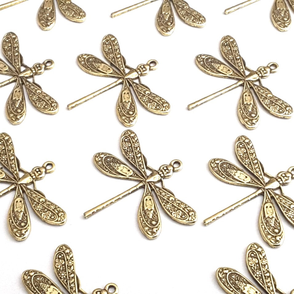 Large Gold Dragonfly Charm, 1 Loop, 24 Kt Gold Plated Brass, Lot Size 10, #04G