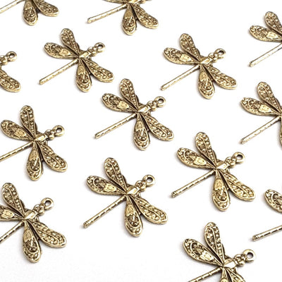 Small Gold Dragonfly Charm, 24 Kt Gold Plated Brass, 1 Loop, Lot Size 10, #01G