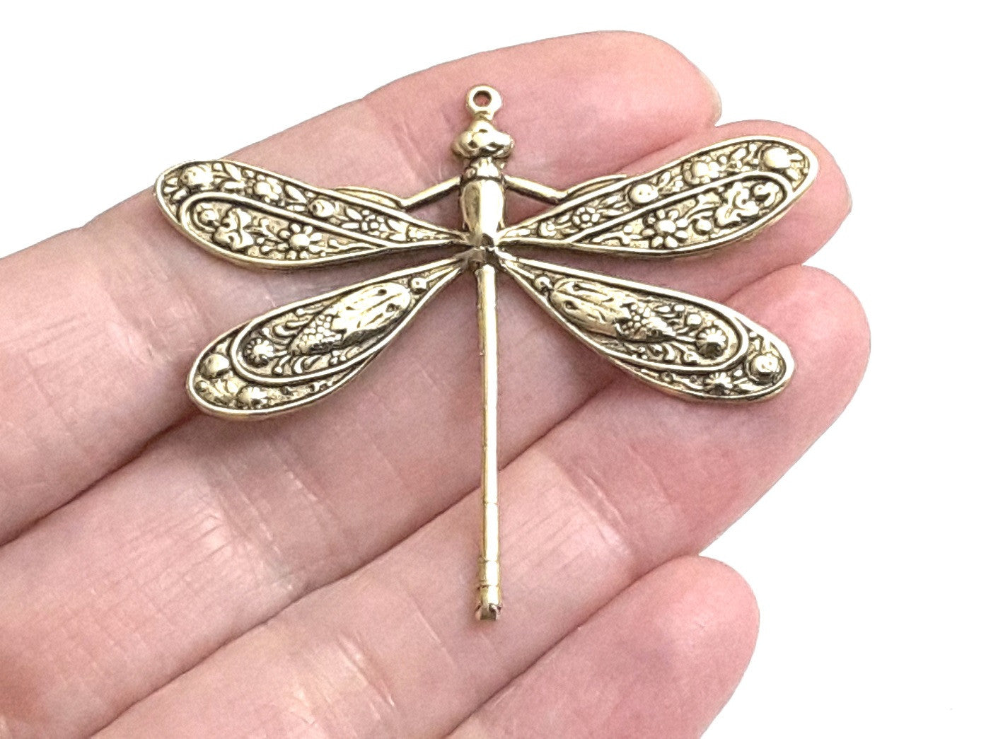 Extra Large Gold Dragonfly Charm, 1 Loop, 24 Kt Gold Plated Brass, Lot Size 2, #07G