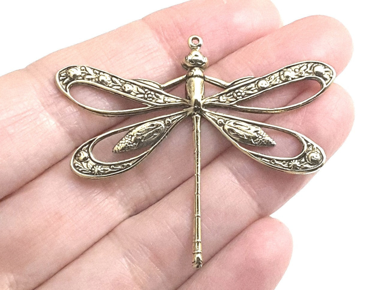 Extra Large Gold Filigree Dragonfly Charm, 1 Loop, 24 Kt Gold Plated Brass, Lot Size 2, #11G