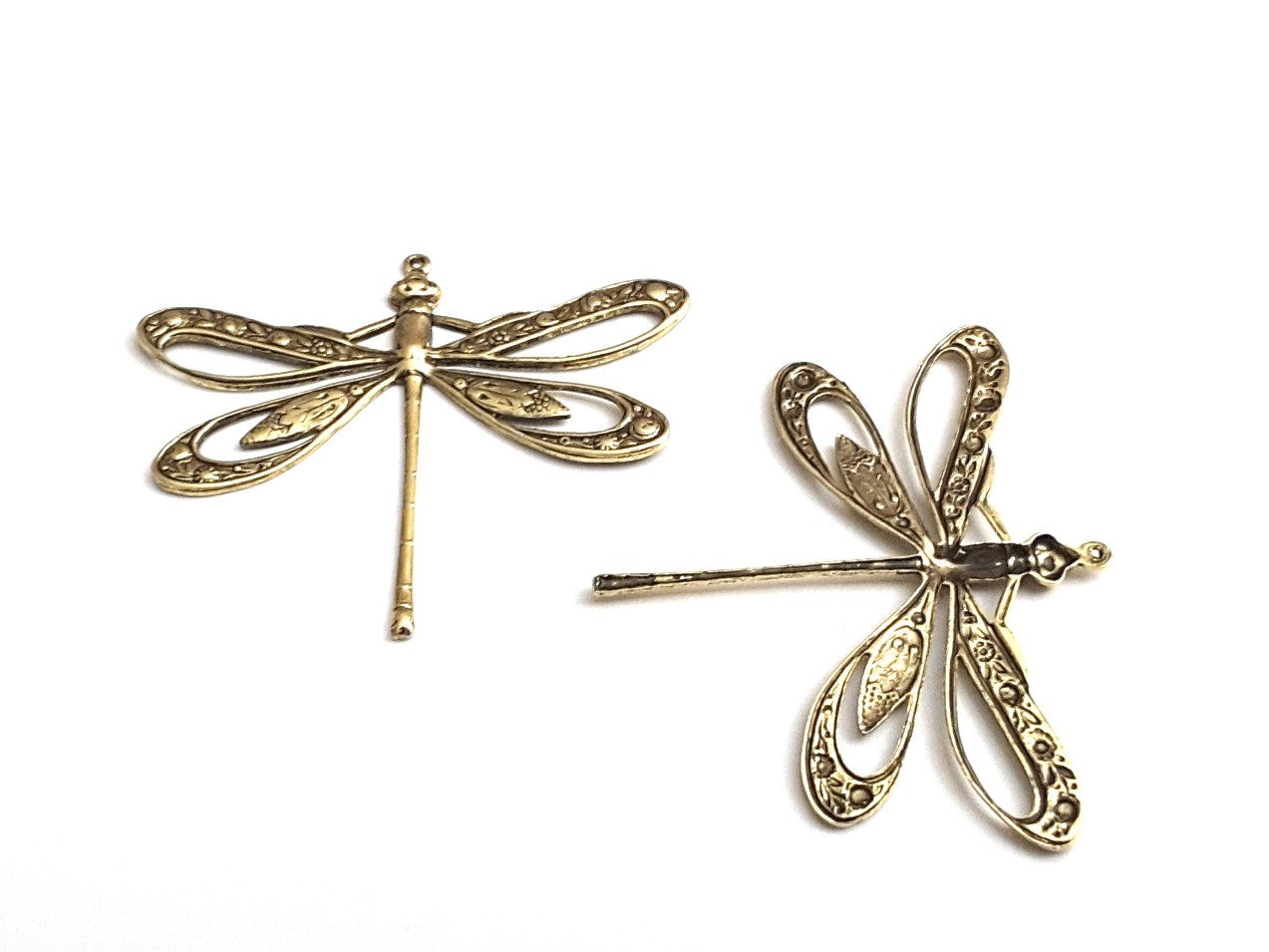 Extra Large Gold Filigree Dragonfly Charm, 1 Loop, 24 Kt Gold Plated Brass, Lot Size 2, #11G