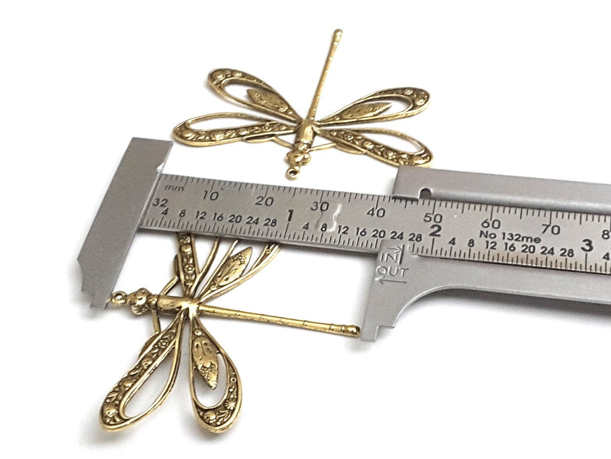Extra Large Gold Filigree Dragonfly Charm, 1 Loop, 24 Kt Gold Plated Brass, Lot Size 2, #11G