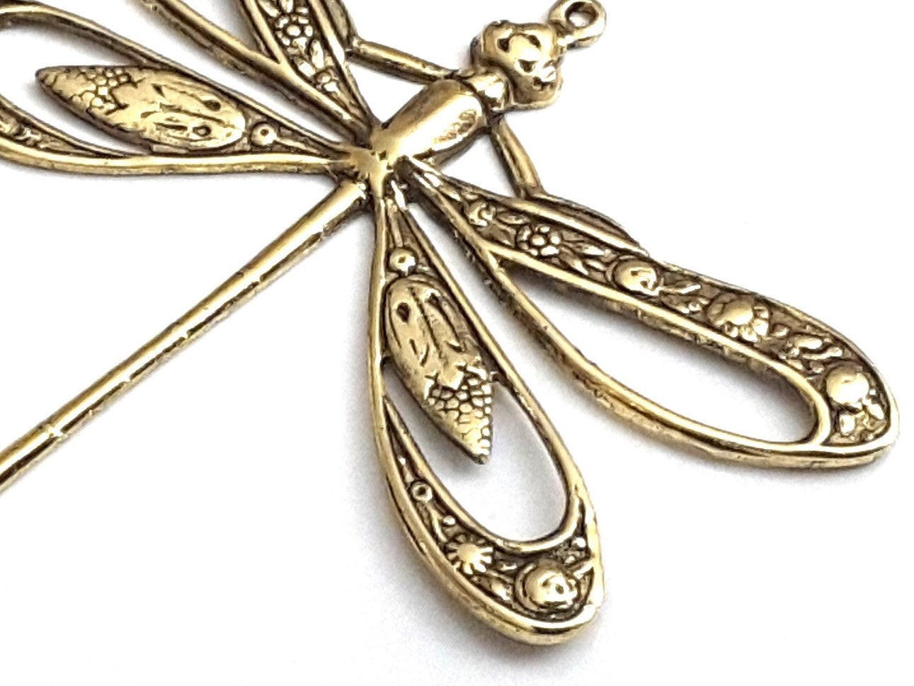 Extra Large Gold Filigree Dragonfly Charm, 1 Loop, 24 Kt Gold Plated Brass, Lot Size 2, #11G