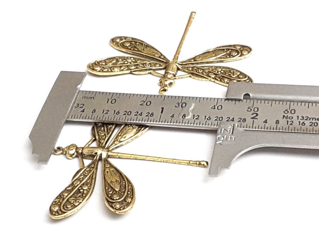 Extra Large Gold Dragonfly Charm, 1 Loop, 24 Kt Gold Plated Brass, Lot Size 2, #07G