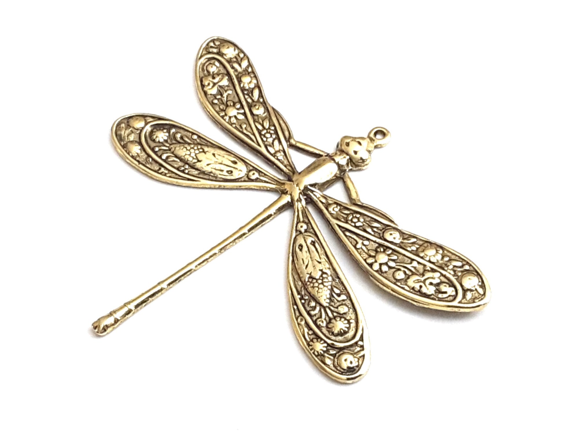 Extra Large Gold Dragonfly Charm, 1 Loop, 24 Kt Gold Plated Brass, Lot Size 2, #07G