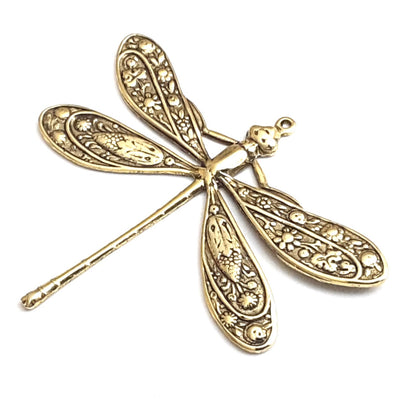 Extra Large Gold Dragonfly Charm, 1 Loop, 24 Kt Gold Plated Brass, Lot Size 2, #07G