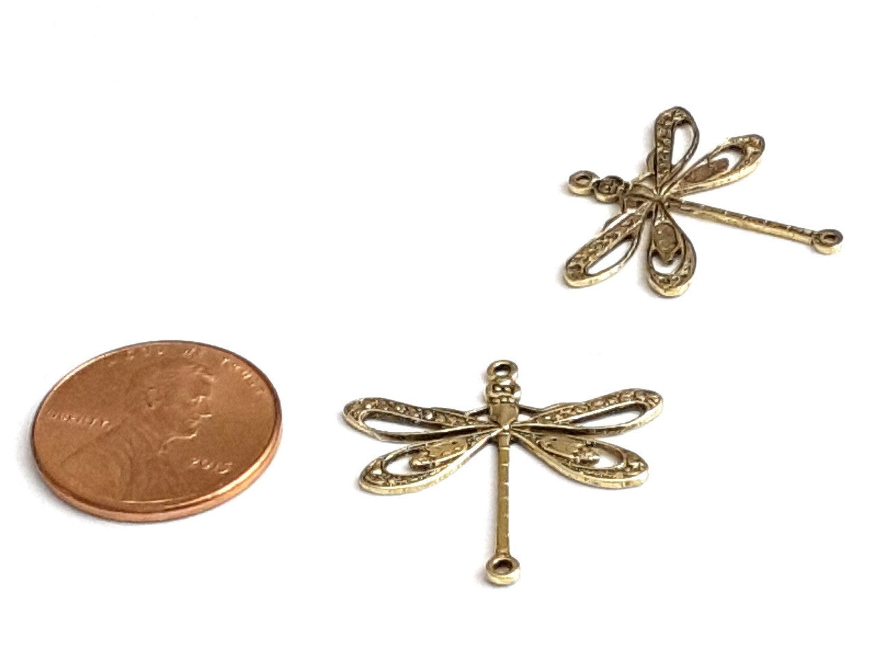 Large Gold Filigree Dragonfly Connector Charm, 2 Loop, 24 Kt Gold Plated Brass, Lot Size 10, #09G