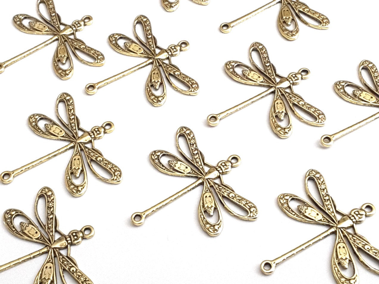 Large Gold Filigree Dragonfly Connector Charm, 2 Loop, 24 Kt Gold Plated Brass, Lot Size 10, #09G