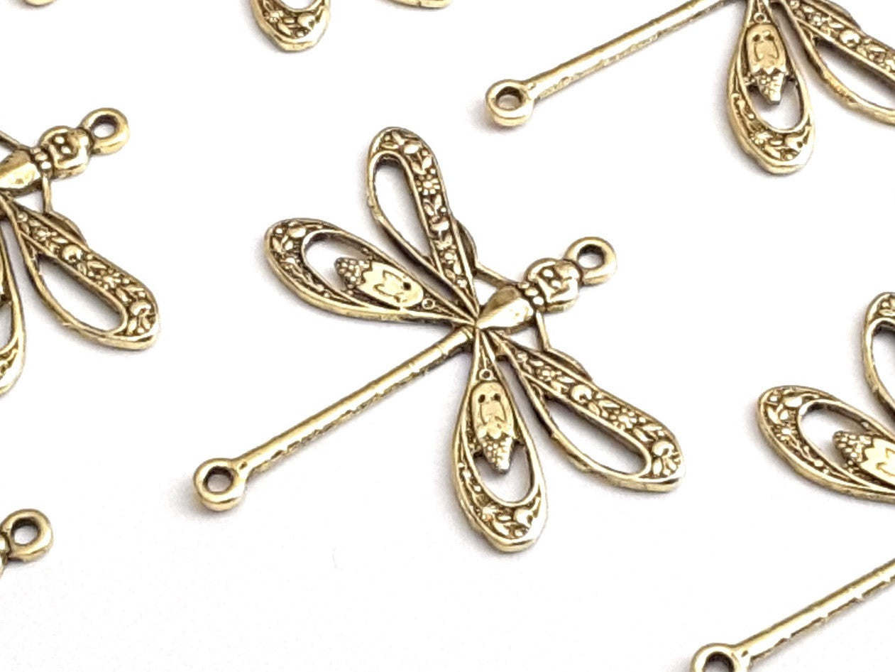 Large Gold Filigree Dragonfly Connector Charm, 2 Loop, 24 Kt Gold Plated Brass, Lot Size 10, #09G