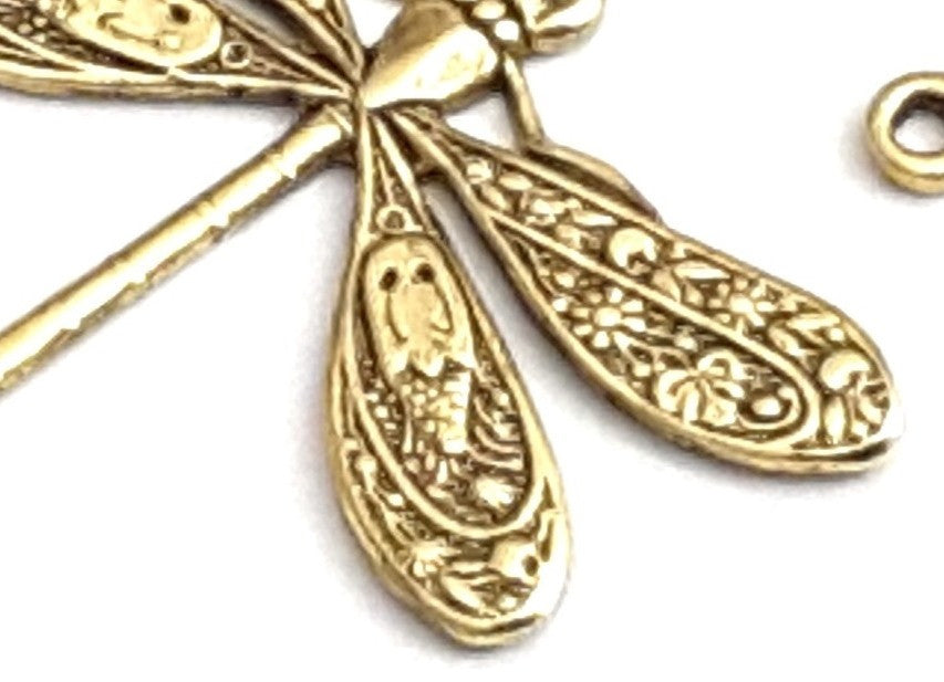 Large Gold Dragonfly Connector Charm, 2 Loops, 24 Kt Gold Plated Brass, Lot Size 10, #05G