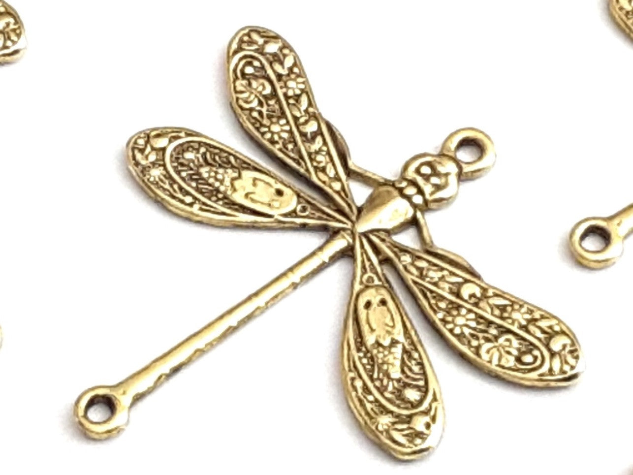 Large Gold Dragonfly Connector Charm, 2 Loops, 24 Kt Gold Plated Brass, Lot Size 10, #05G