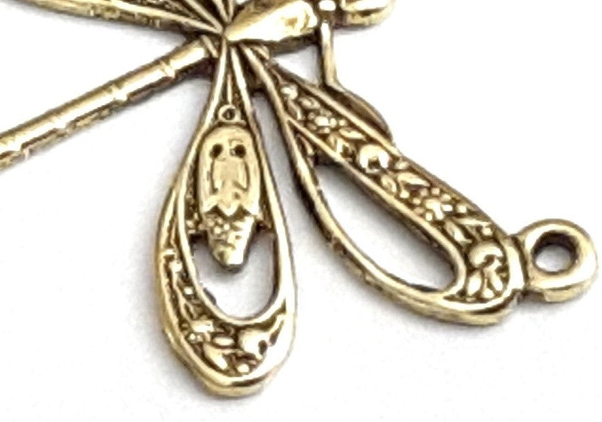 Large Gold Filigree Dragonfly Connector Pendant Charm, 3 Loops, 24 Kt Gold Plated Brass, Lot Size 10, #10G