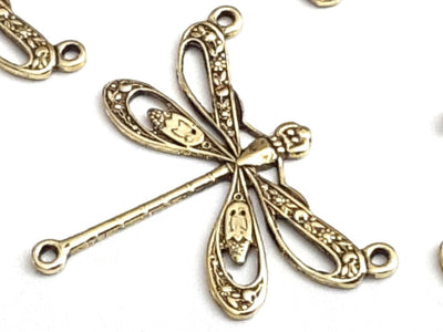 Large Gold Filigree Dragonfly Connector Pendant Charm, 3 Loops, 24 Kt Gold Plated Brass, Lot Size 10, #10G