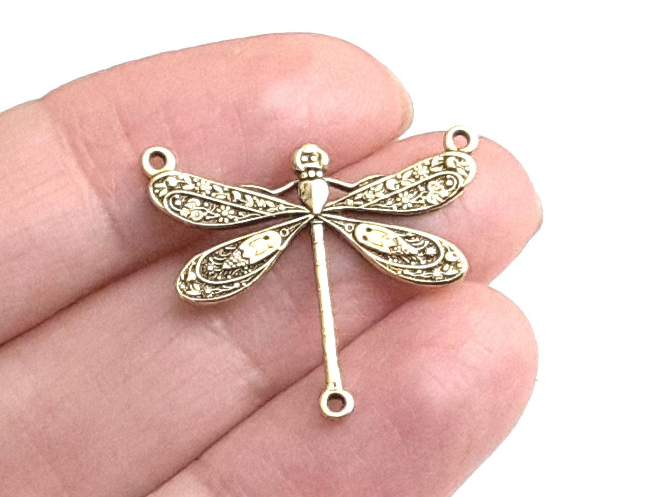 Large Gold Dragonfly Pendant Connector Charm, 3 Loops, 24 Kt Gold Plated Brass, Lot Size 10, #06G