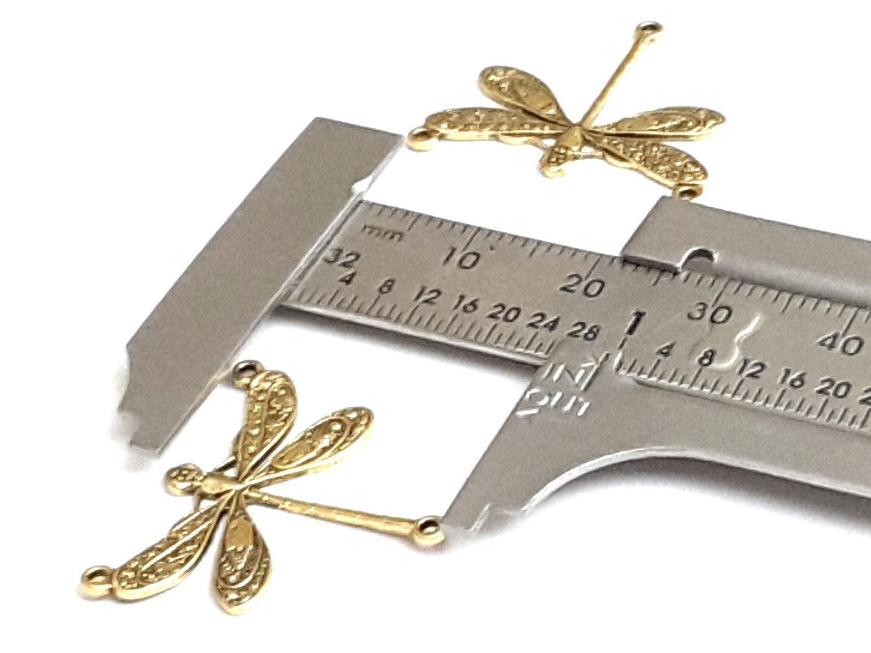 Large Gold Dragonfly Pendant Connector Charm, 3 Loops, 24 Kt Gold Plated Brass, Lot Size 10, #06G