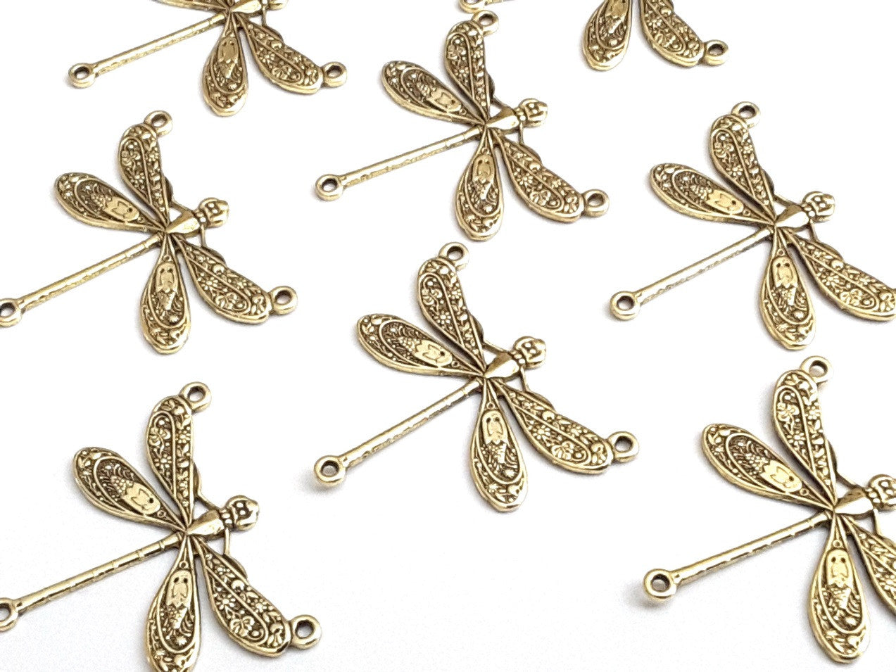 Large Gold Dragonfly Pendant Connector Charm, 3 Loops, 24 Kt Gold Plated Brass, Lot Size 10, #06G