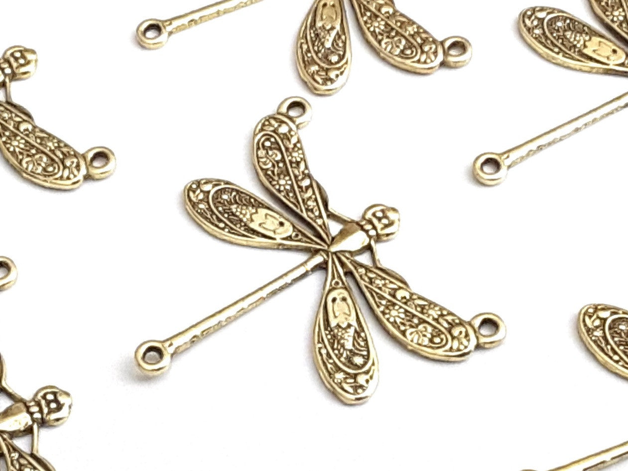 Large Gold Dragonfly Pendant Connector Charm, 3 Loops, 24 Kt Gold Plated Brass, Lot Size 10, #06G