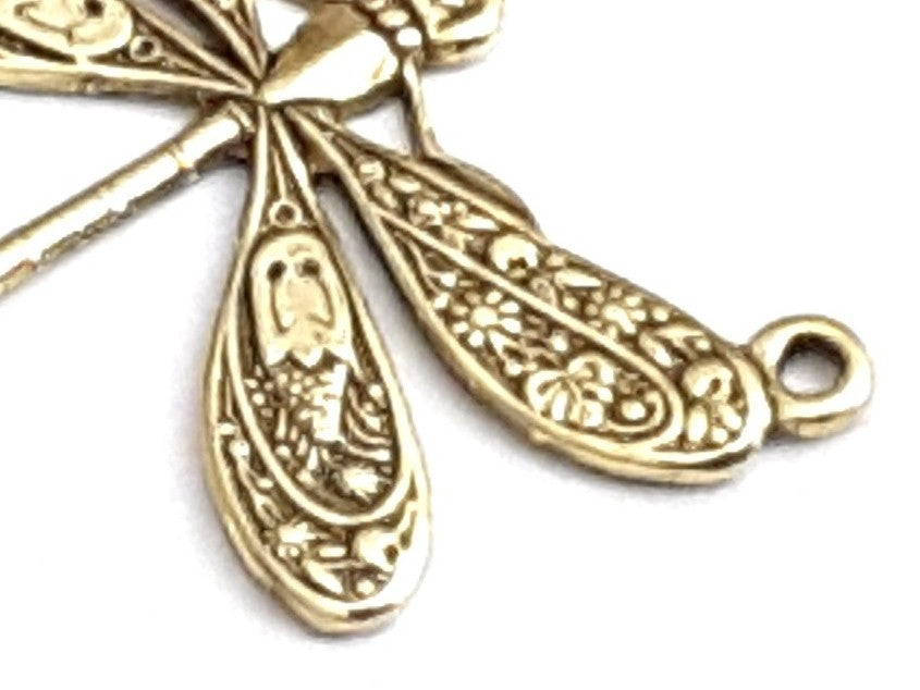 Large Gold Dragonfly Pendant Connector Charm, 3 Loops, 24 Kt Gold Plated Brass, Lot Size 10, #06G