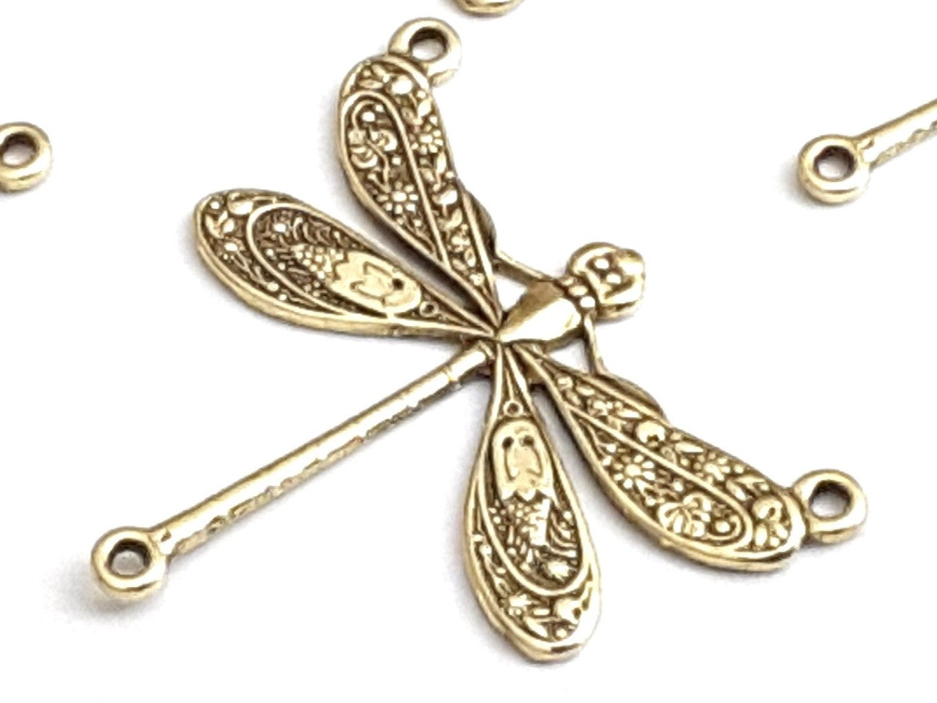 Large Gold Dragonfly Pendant Connector Charm, 3 Loops, 24 Kt Gold Plated Brass, Lot Size 10, #06G