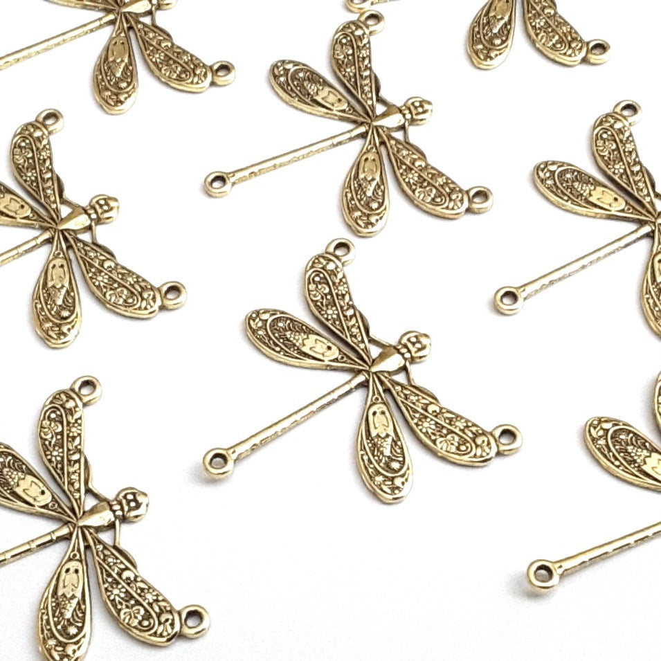 Large Gold Dragonfly Pendant Connector Charm, 3 Loops, 24 Kt Gold Plated Brass, Lot Size 10, #06G