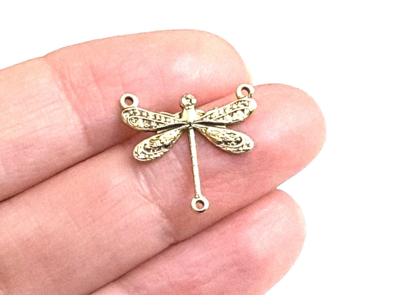 Small Gold Dragonfly Pendant Connector Charm, 3 Loops, 24 Kt Gold Plated Brass, Lot Size 10, #03G