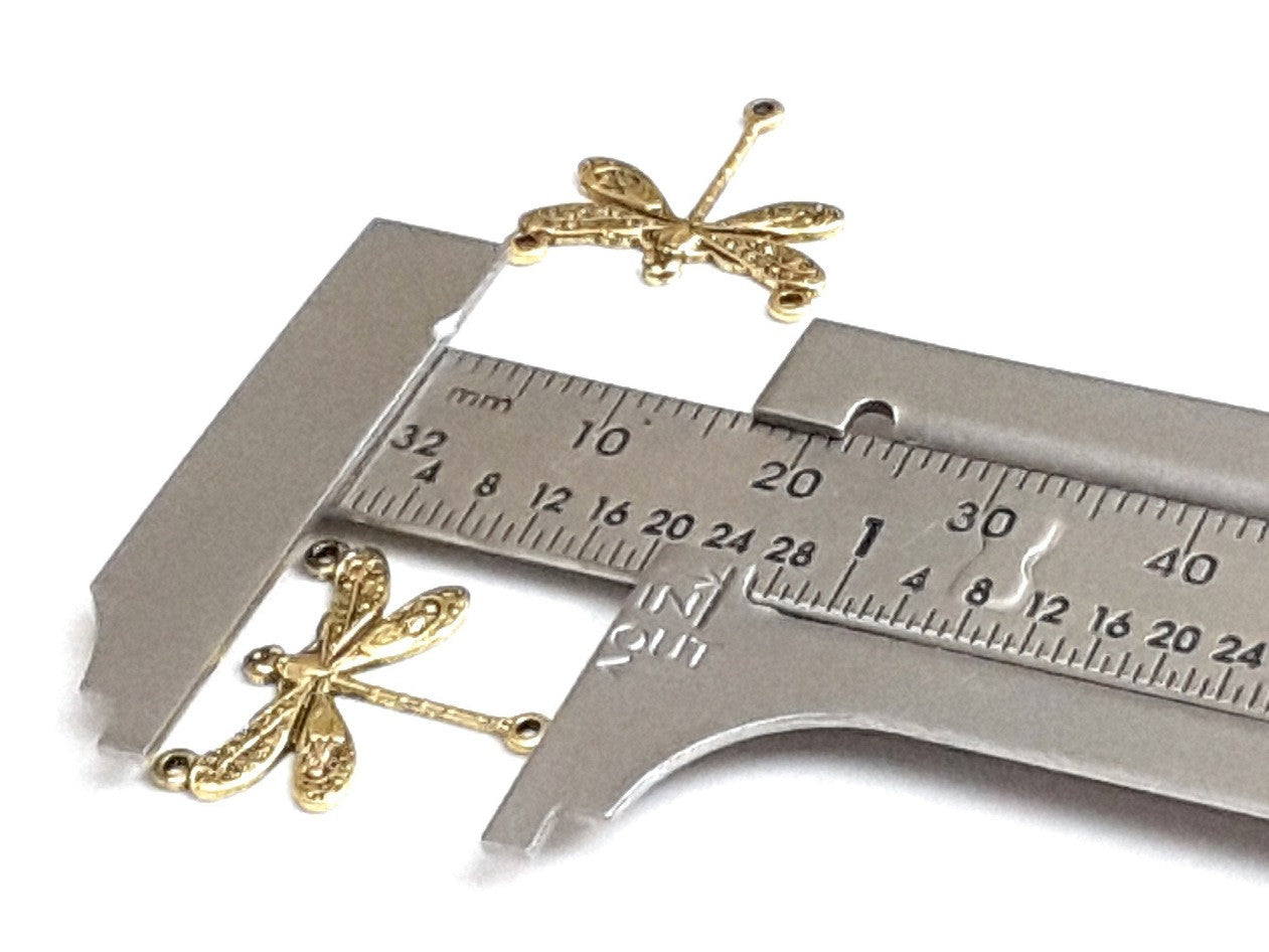 Small Gold Dragonfly Pendant Connector Charm, 3 Loops, 24 Kt Gold Plated Brass, Lot Size 10, #03G