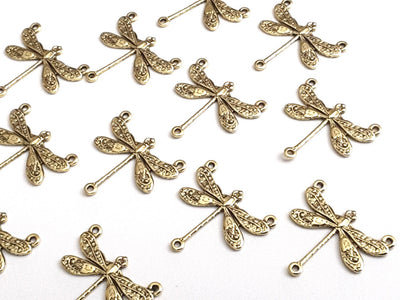 Small Gold Dragonfly Pendant Connector Charm, 3 Loops, 24 Kt Gold Plated Brass, Lot Size 10, #03G