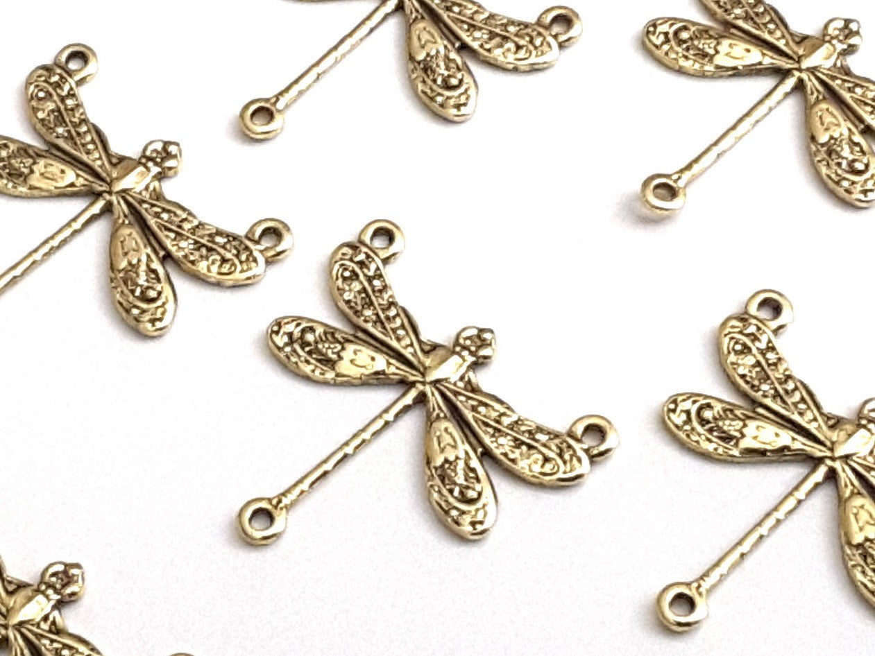Small Gold Dragonfly Pendant Connector Charm, 3 Loops, 24 Kt Gold Plated Brass, Lot Size 10, #03G