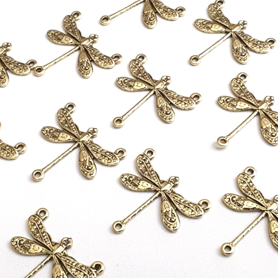 Small Gold Dragonfly Pendant Connector Charm, 3 Loops, 24 Kt Gold Plated Brass, Lot Size 10, #03G