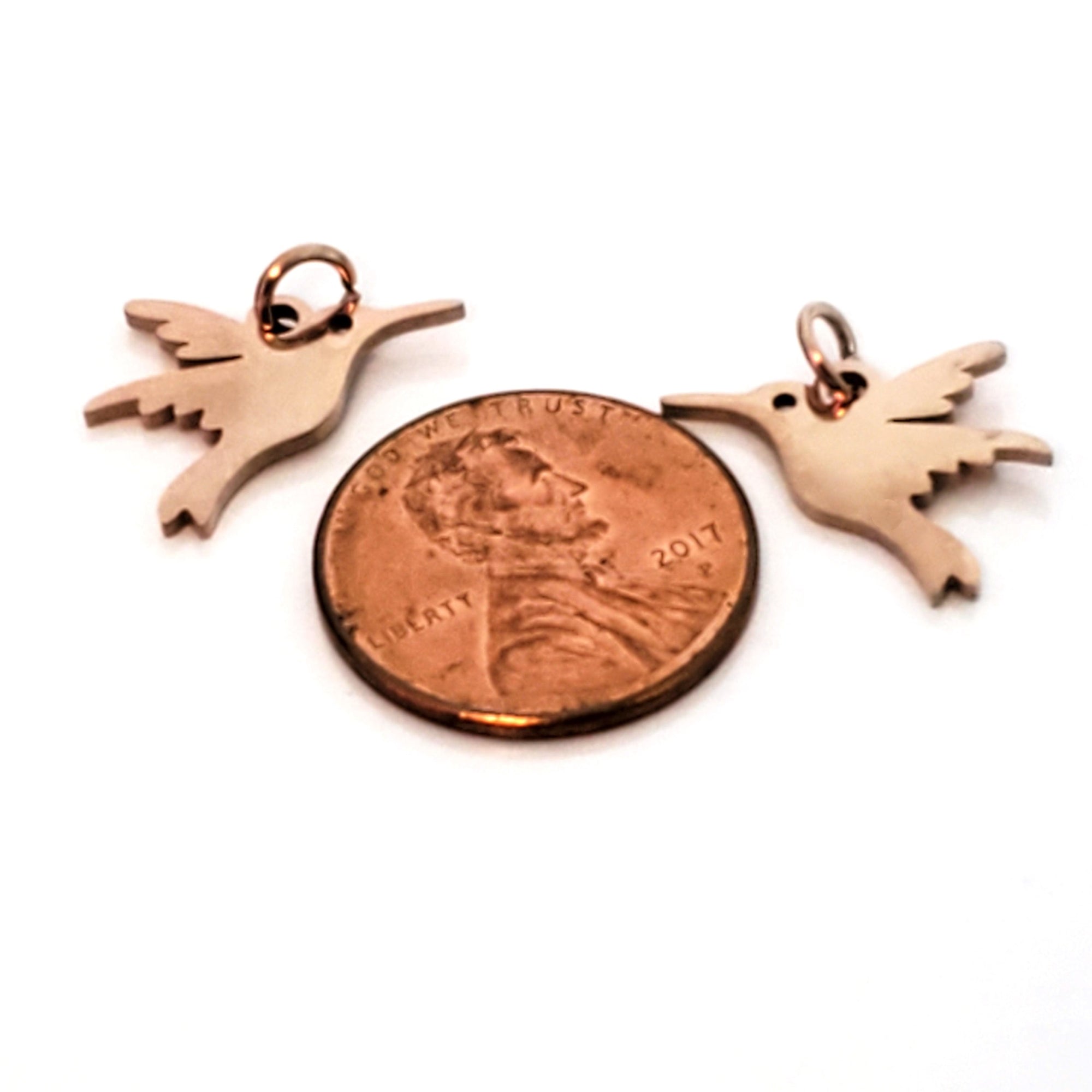 Hummingbird Charms, 24kt Rose Gold Plated Stainless Steel, 13x15x1mm, 3mm Jump Ring, Lot Size 5 Charms, #1667 RG