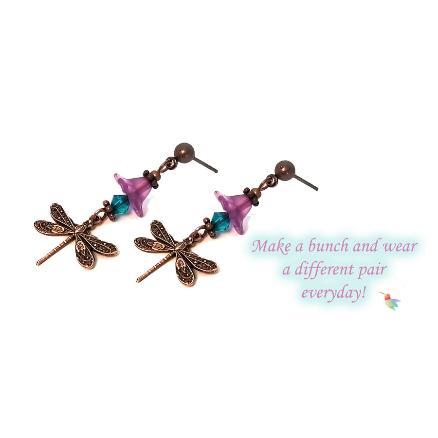 Jewelry Making Kit, Brass Dragonfly Earrings with Lucite Bell Flowers and Crystal Beads, Choose 5 Pairs, #394