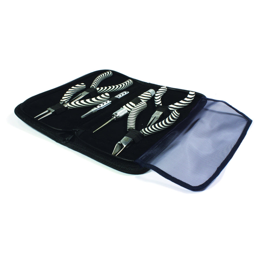 Jewelry Making Pliers Set in Black and White Zebra Stripes, Includes 6 Tools plus Zipper Case, PLZSET 21