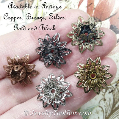 Antique Gold, Filigree Flower Bead Caps, Multiple Layer, Bendable, Moldable, 2mm Hole, Lot Size 100, #2054 AG