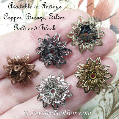 Antique Bronze Filigree Flower Bead Caps, Multiple Layer,  Bendable, Moldable, 2mm Hole, Lot Size 100, #2054