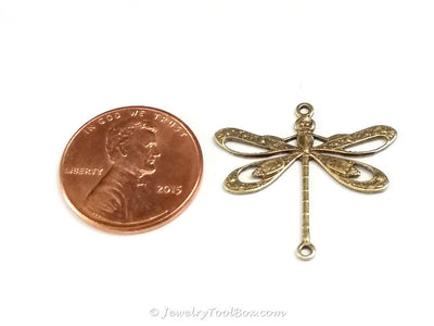 Large Antique Brass Filigree Dragonfly Connector Charm, 2 Loops,  Lot Size 10, #09B