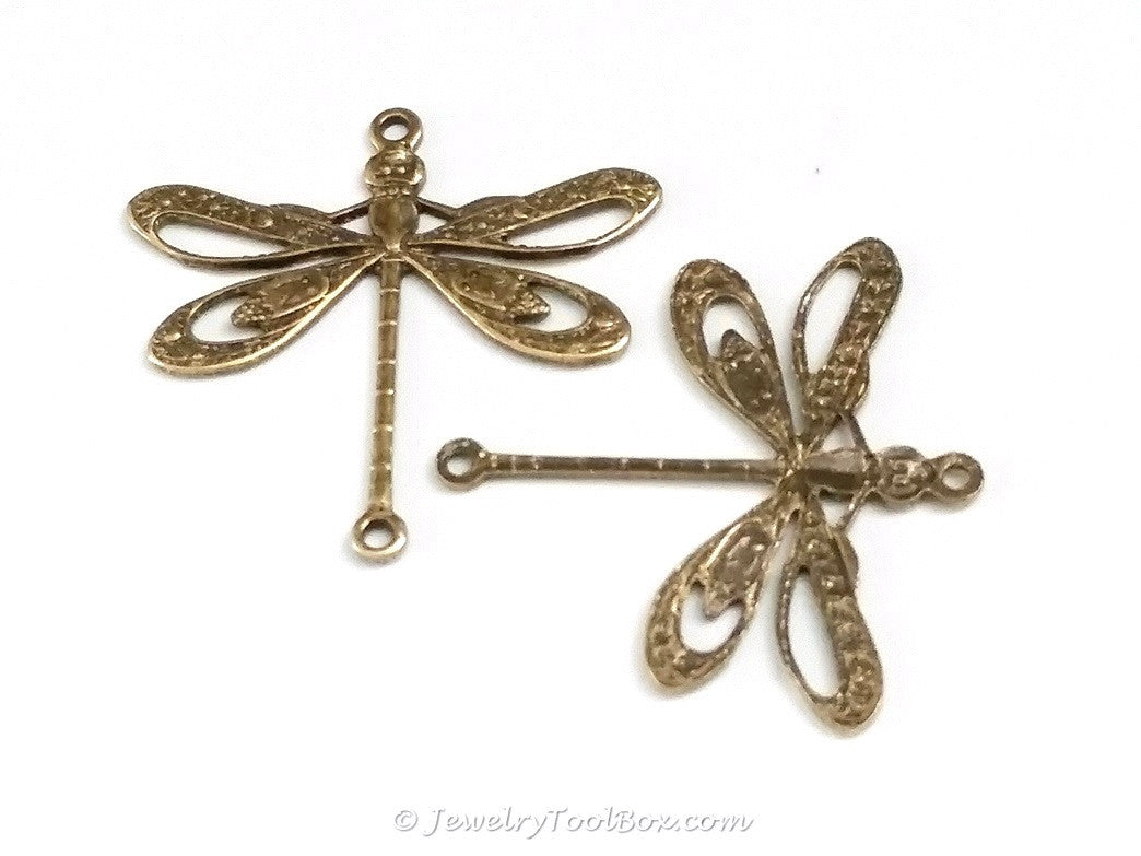 Large Antique Brass Filigree Dragonfly Connector Charm, 2 Loops,  Lot Size 10, #09B