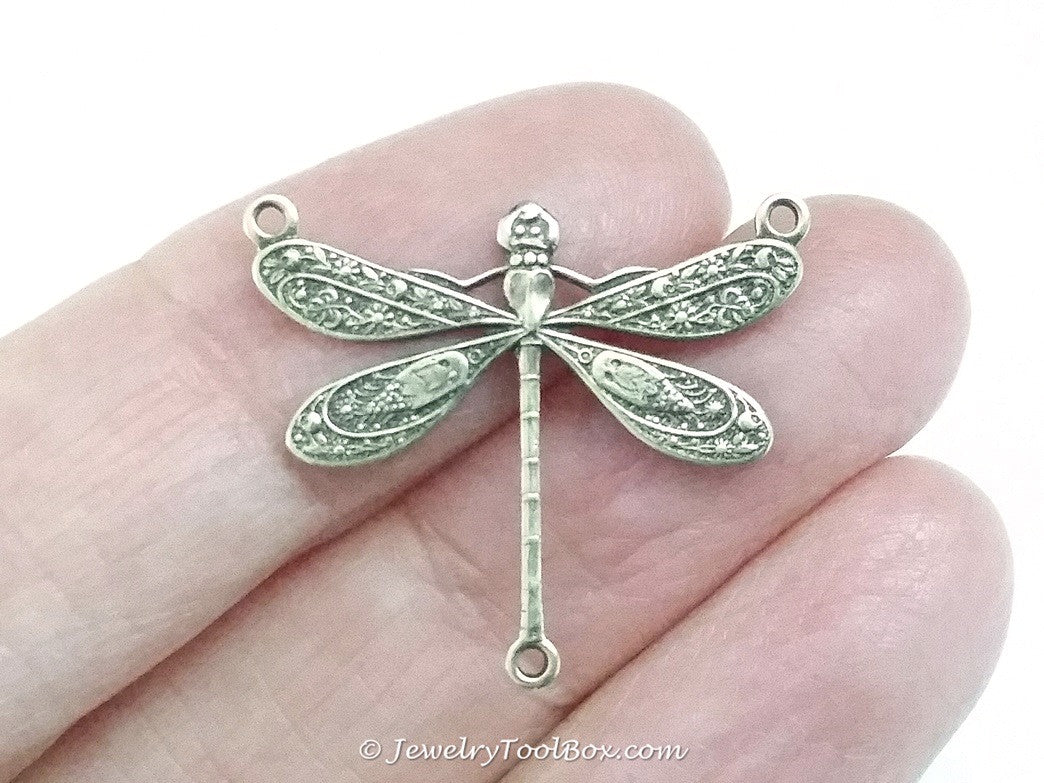 Large Antique Brass Dragonfly Pendant Connector Charm, 3 Loops, Lot Size 10, #06B