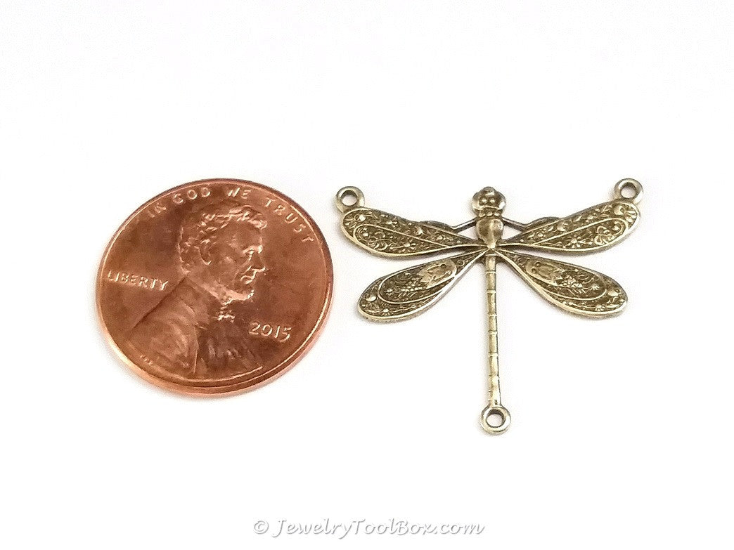 Large Antique Brass Dragonfly Pendant Connector Charm, 3 Loops, Lot Size 10, #06B