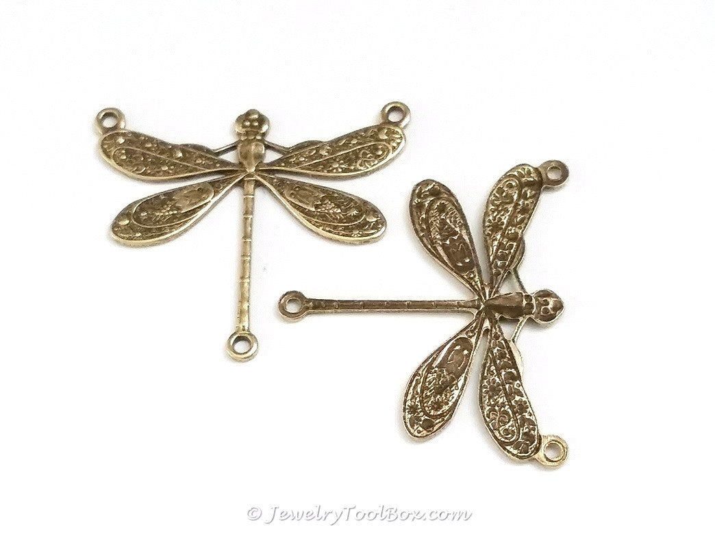 Large Antique Brass Dragonfly Pendant Connector Charm, 3 Loops, Lot Size 10, #06B