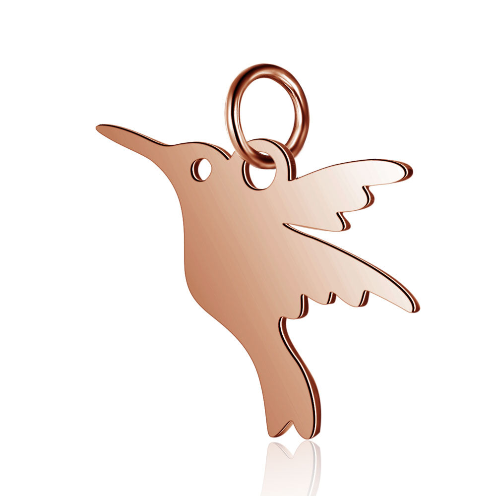 Hummingbird Charms, 24kt Rose Gold Plated Stainless Steel, 13x15x1mm, 3mm Jump Ring, Lot Size 5 Charms, #1667 RG