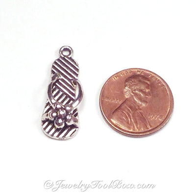 Beach Sandal Charms,, Antique Silver Pendants, 3 Dimensional, Lead Free, Nickel Free, 26x10x6mm, 2mm Loop, Lot Size 8, #2049