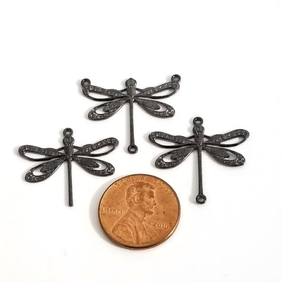 Large Black Filigree Dragonfly Pendant Connector Charm, 3 Loops, Lot Size 10, #10BL
