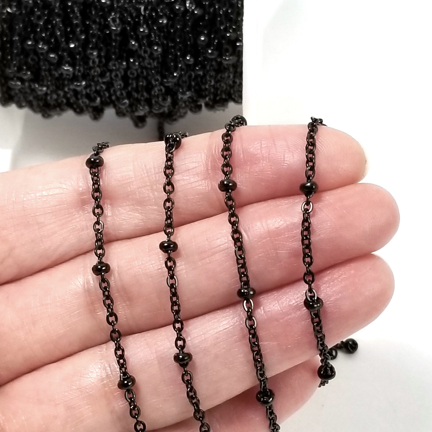 Black Station Chain, Stainless Steel, Medium Weight Soldered Closed 2mm links with 2x3mm Rondelle Stations, Lot Size 20 meters spooled, #1954