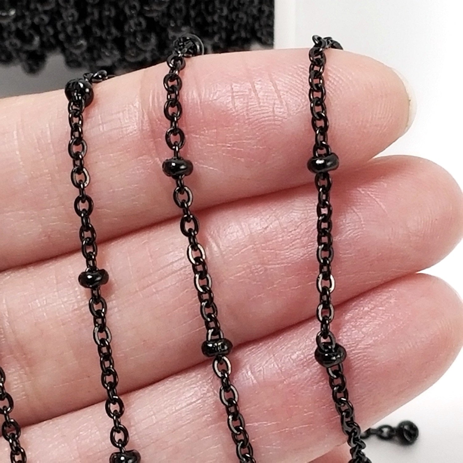 Black Station Chain, Stainless Steel, Medium Weight Soldered Closed 2mm links with 2x3mm Rondelle Stations, Lot Size 20 meters spooled, #1954