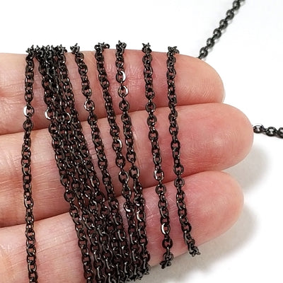 Fine Black Stainless Chain, 3x2mm Flattened Oval Links, Bulk 50 Meters on a Spool, #1909 BL