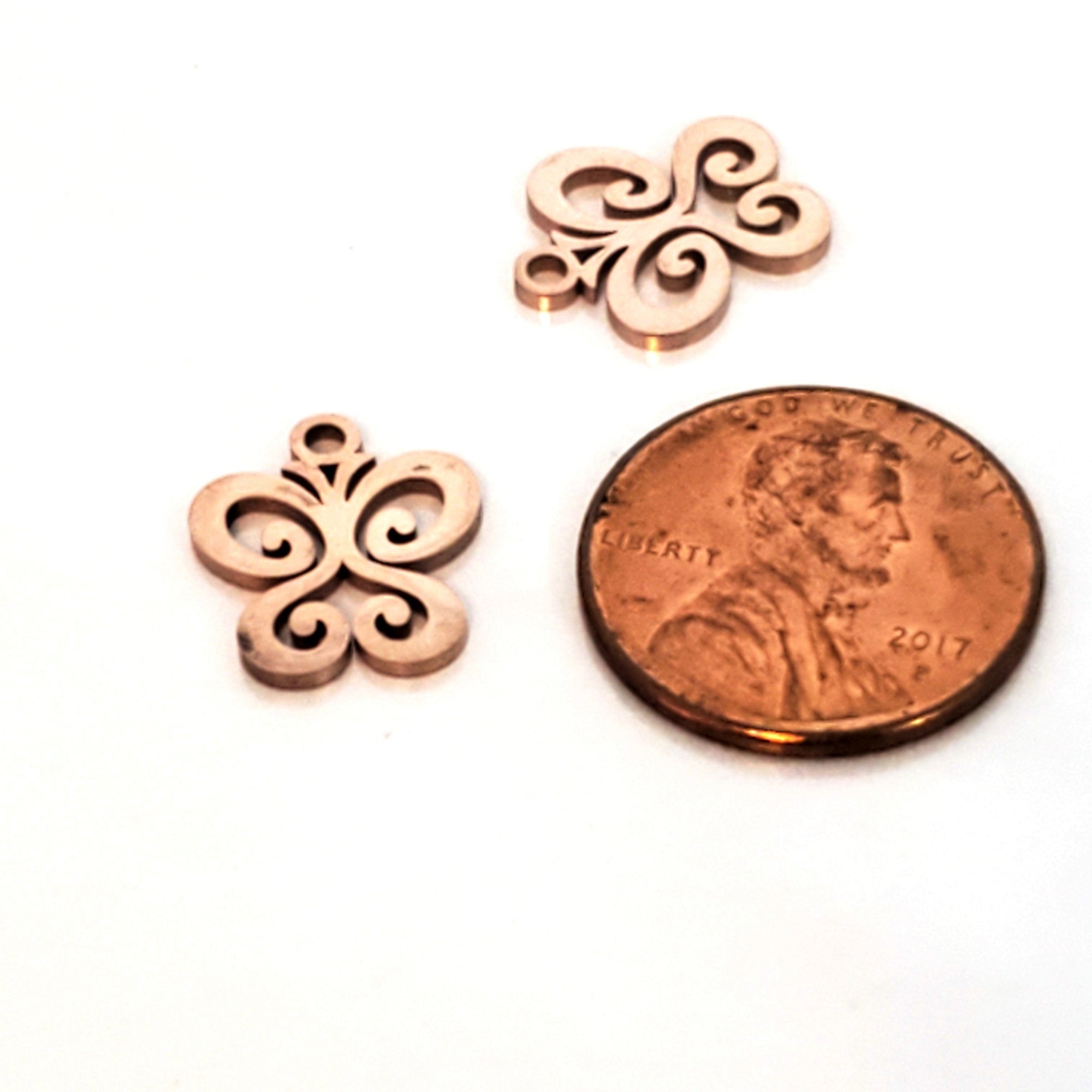 Butterfly Charms, 24kt Rose Gold Plated Stainless Steel, 14x12x1mm,1.5mm Hole, Lot Size 5 Charms, #1666 RG