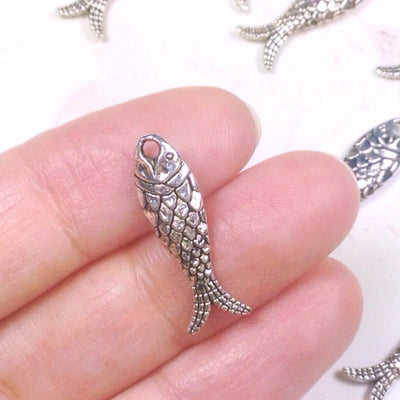 Fish Charms, Nautical Silver Pewter Pendants, Nickel Free, Lead Free, 3 Dimensional, 24x10mm, Lot Size 20, #1500 CBK