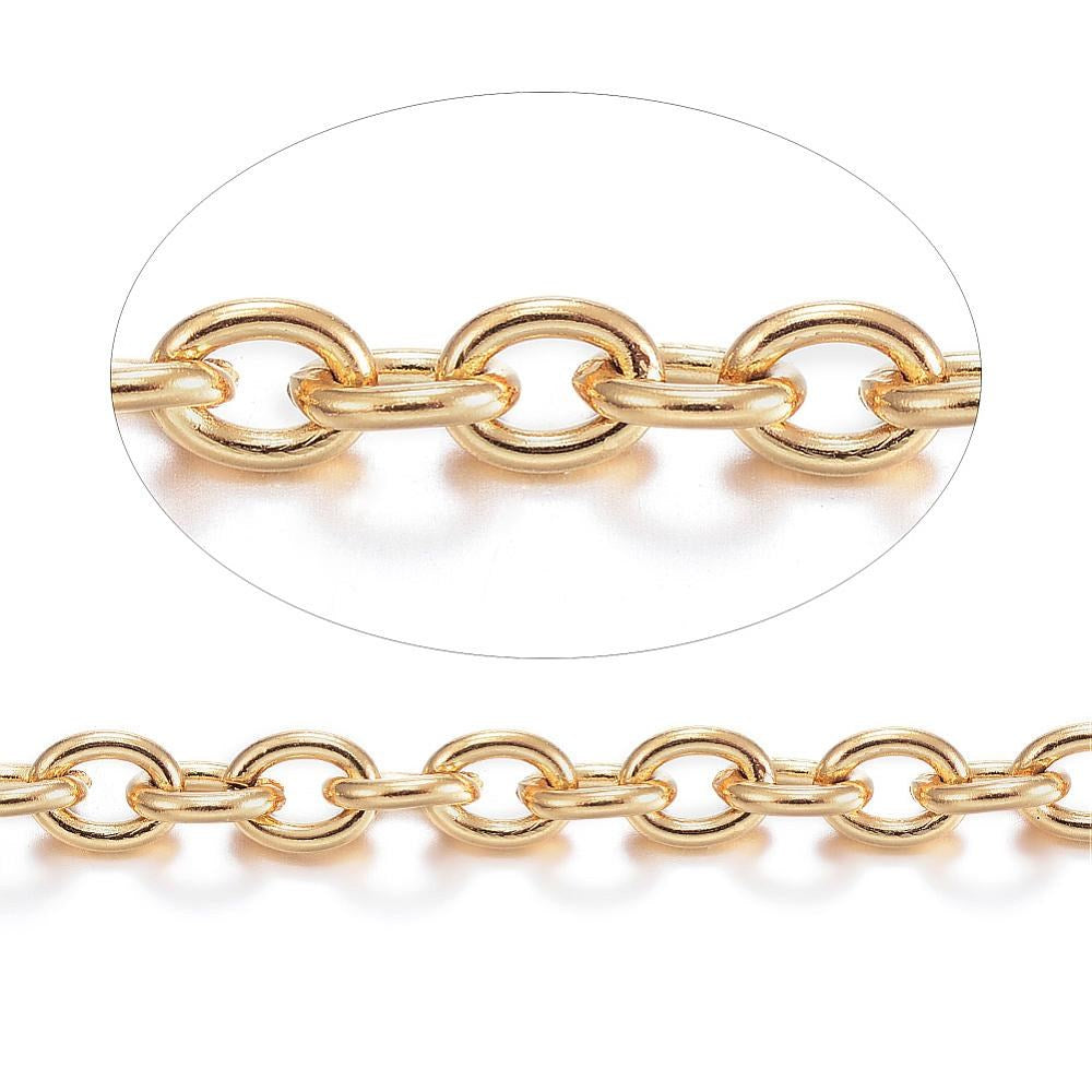 Gold Stainless Steel Jewelry Chain, 3x4mm Oval, Open Links, Lot Size 25 Meter Spool, #1922 G