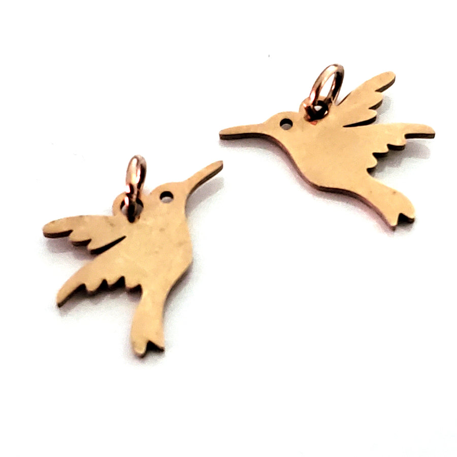 Hummingbird Charms, 24kt Rose Gold Plated Stainless Steel, 13x15x1mm, 3mm Jump Ring, Lot Size 5 Charms, #1667 RG